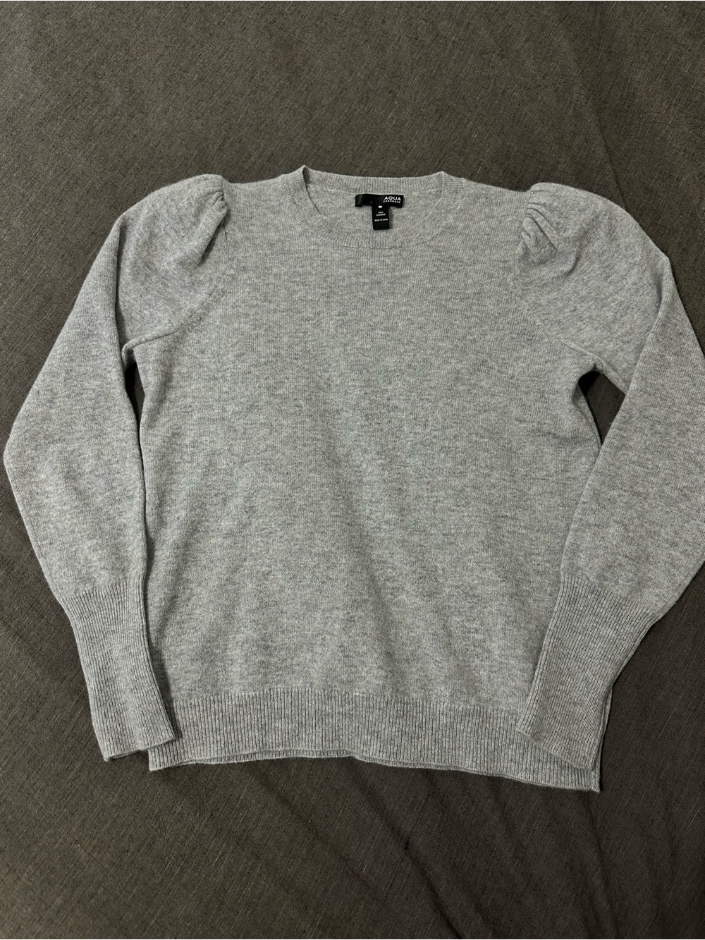 100% cashmere Aqua Gray Puff-Sleeve Crewneck Sweater